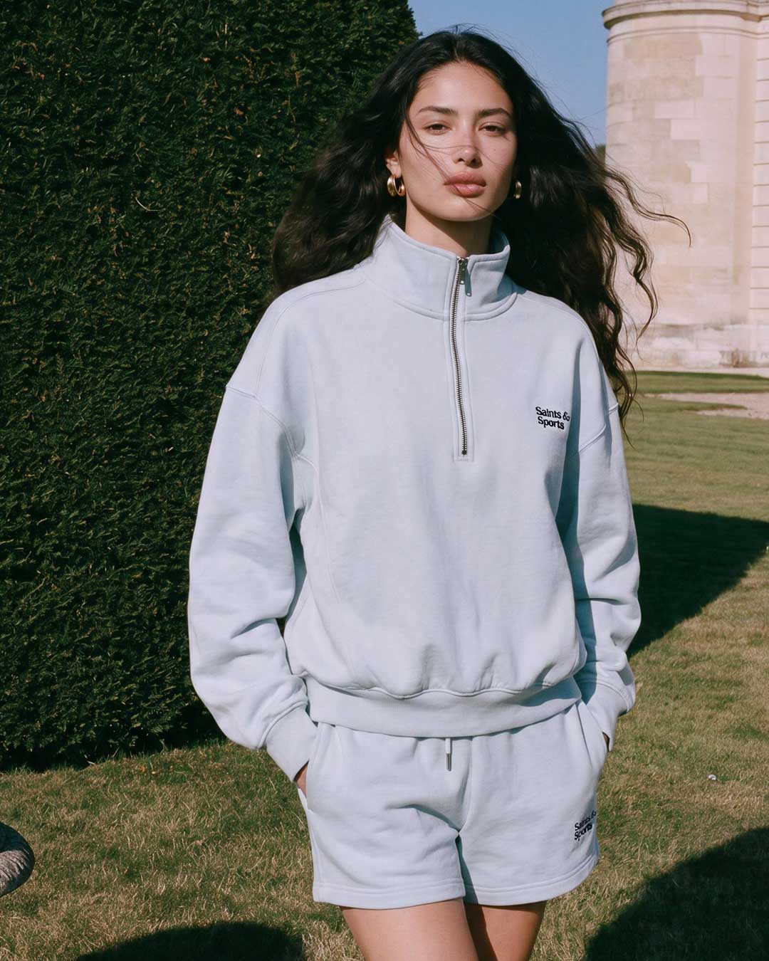 SaintsLuxe Penrose Half Zip Sweatshirt Powder Blue (Model) - Saints & Sports