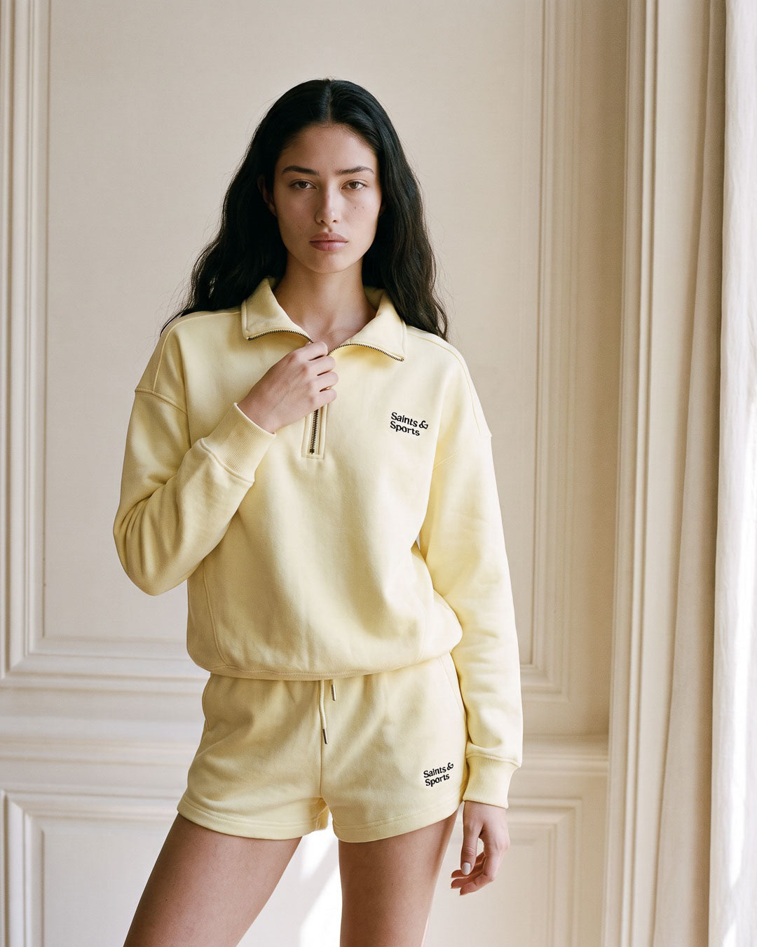 SaintsCloud Penrose Half Zip Sweatshirt Buttercream (Model) - Saints & Sports