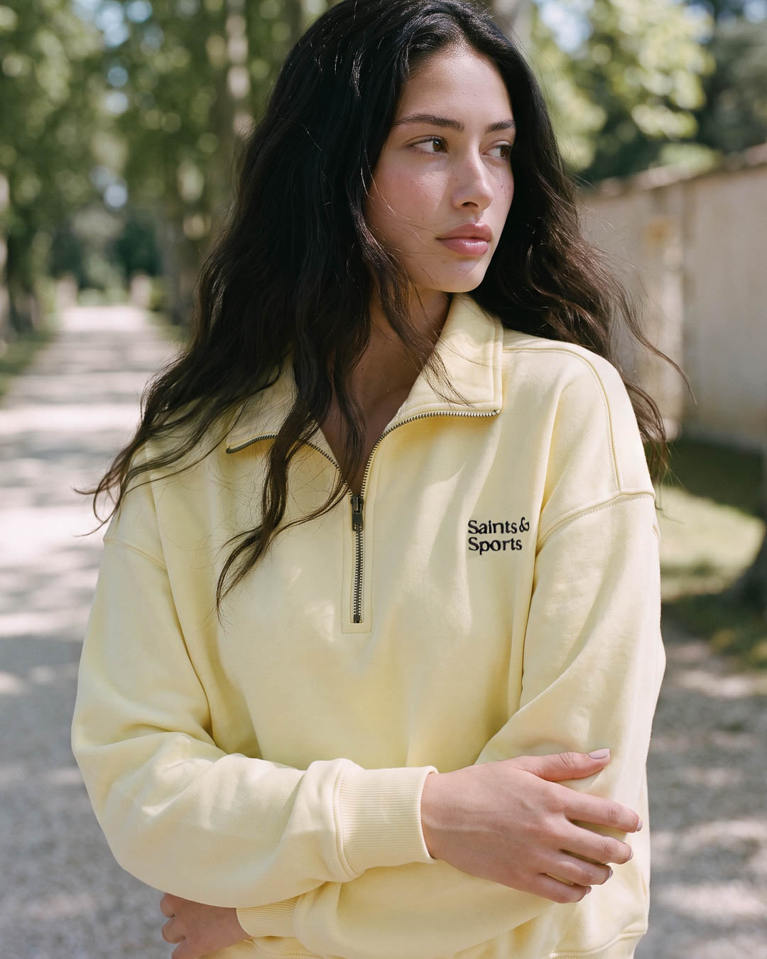 SaintsCloud Penrose Half Zip Sweatshirt Buttercream (Model) - Saints & Sports