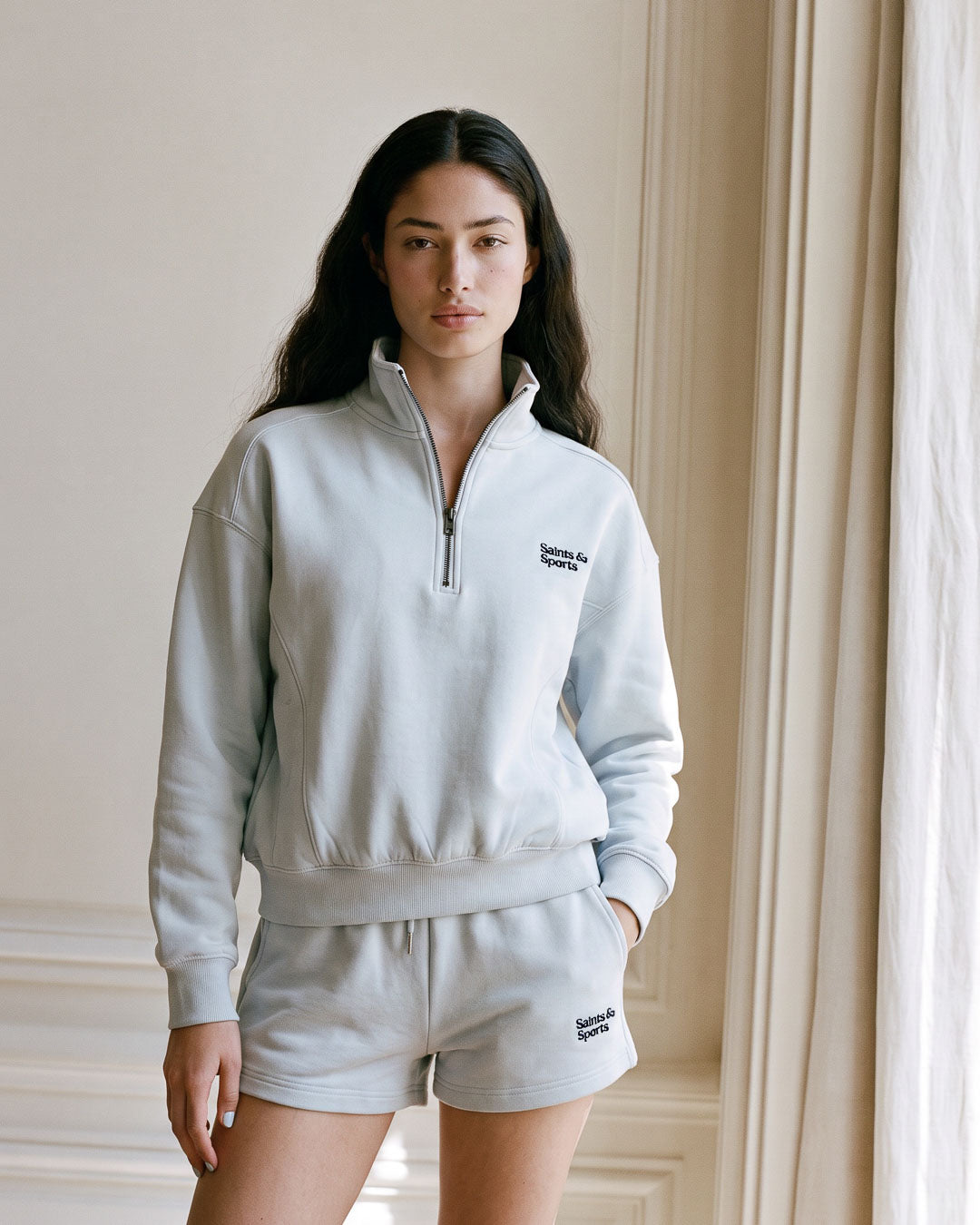 SaintsLuxe Penrose Half Zip Sweatshirt Powder Blue (Model) - Saints & Sports