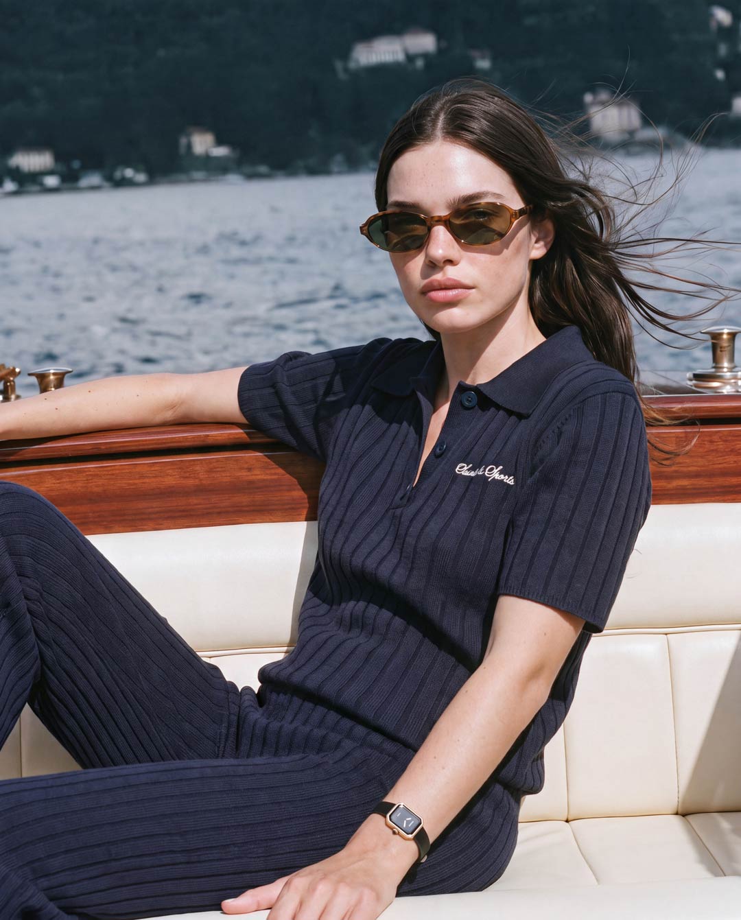 Eleanor Ribbed Polo Top - Navy Blue